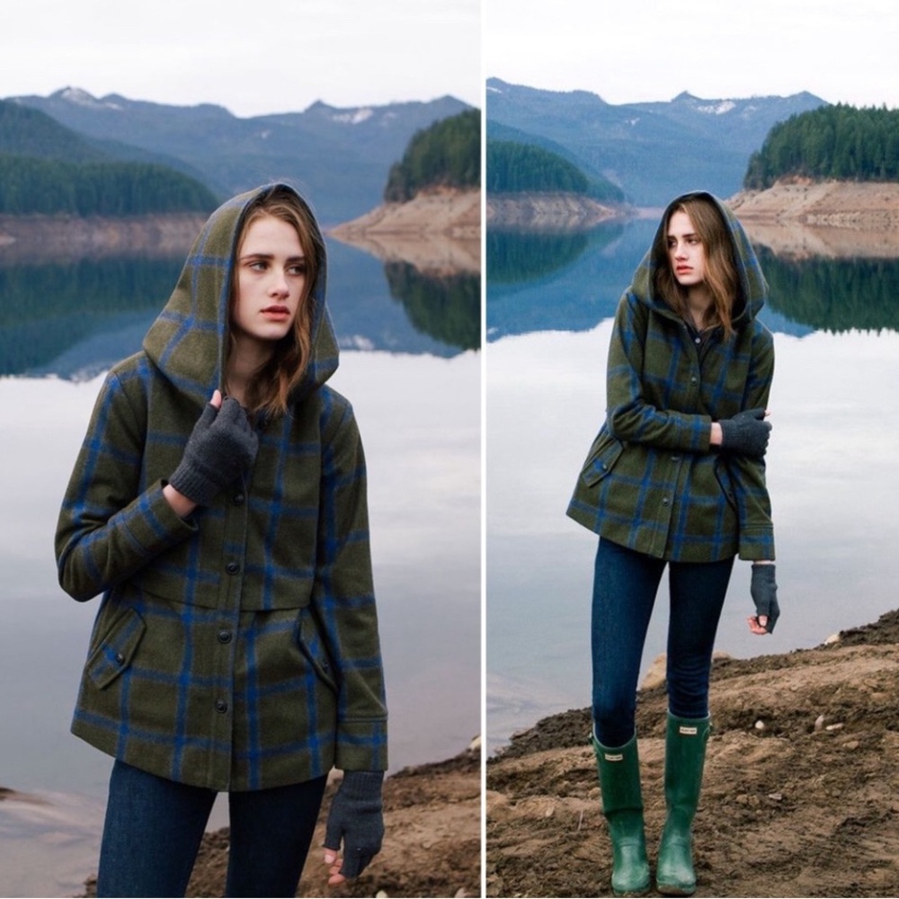 Plaid Hooded Wool-Blend Jacket in Olive Blue - Women